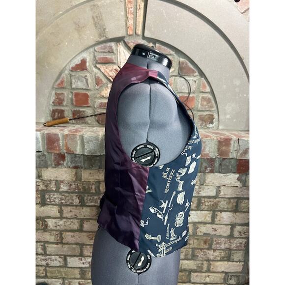 Liz Claiborne vest preppy blue white vintage 1980s novelty print steampunk - Picture 7 of 11